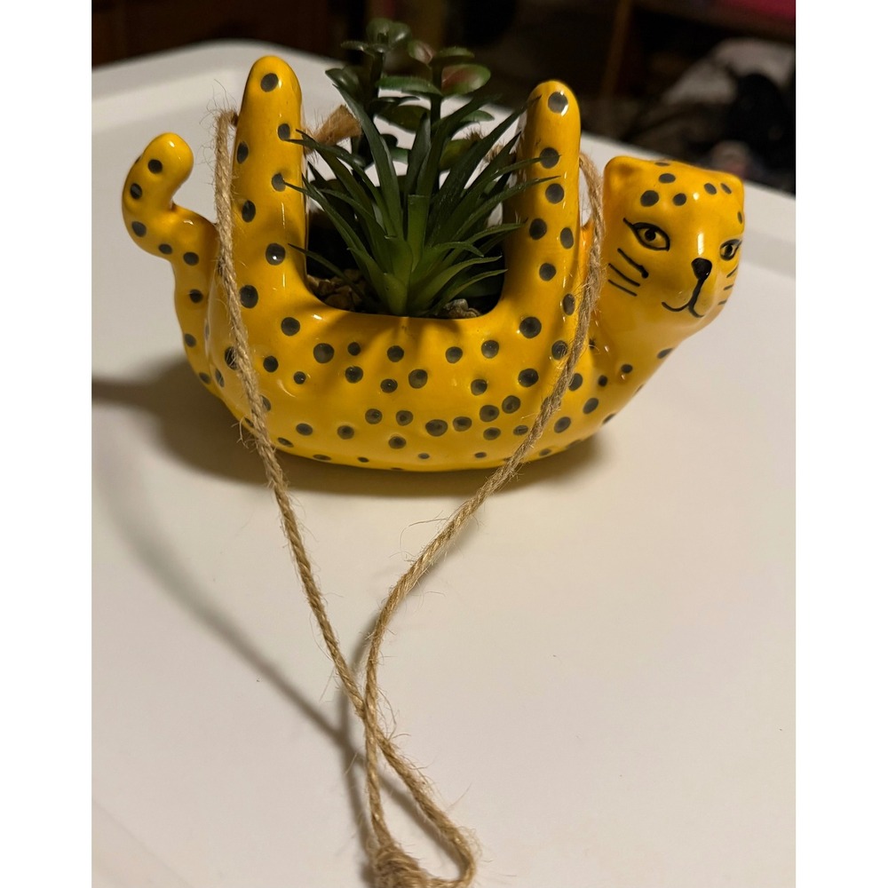 Ceramic Leopard Hanging Planter Yellow Spotted Cheetah Succulent Pot Home Decor